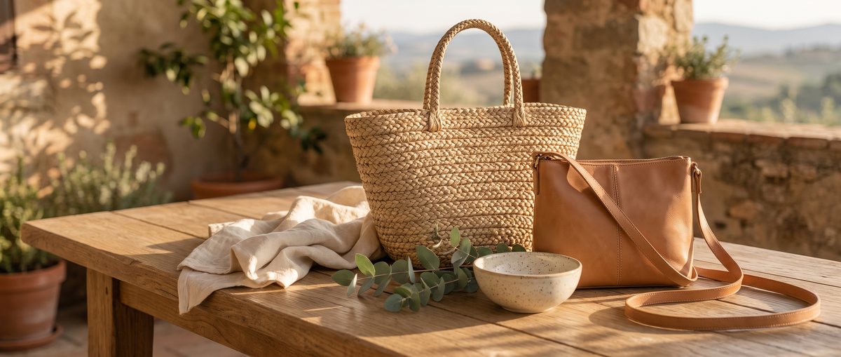 Straw tote and leather crossbody bag on a wooden table