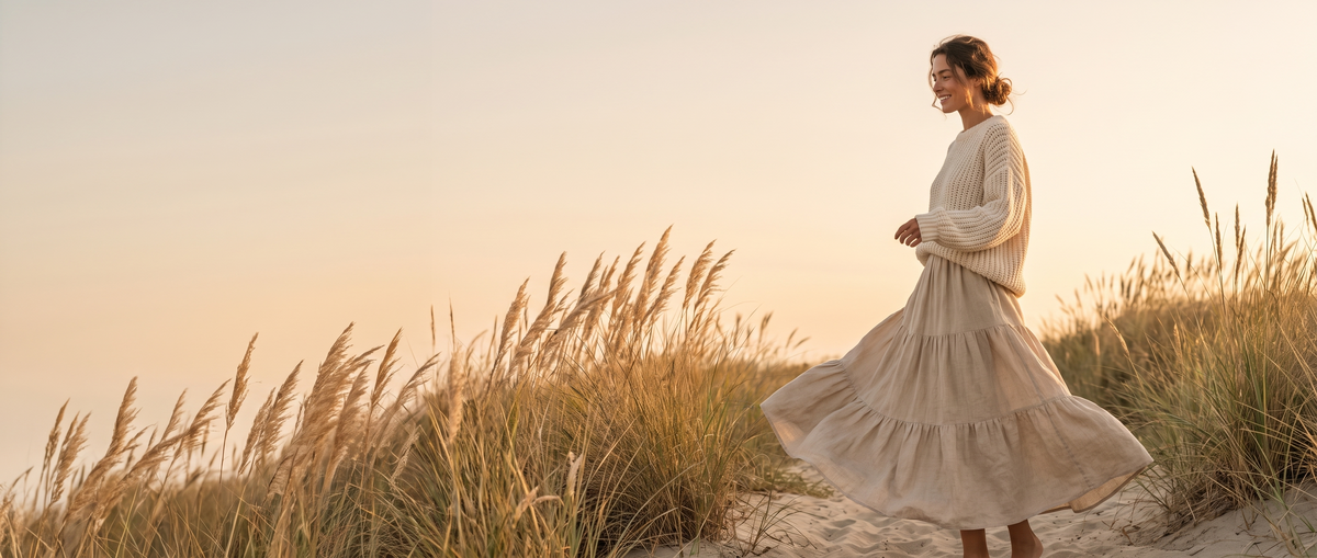 Woman in a flowing linen maxi skirt on a coastal path
