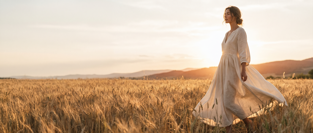 Woman in a cream linen dress in a golden field
