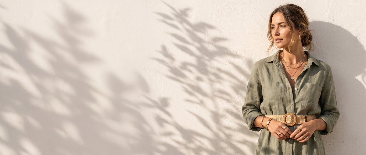 Woman in a sage linen dress against a sunlit wall