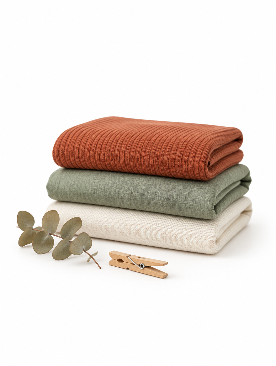 Stack of folded terracotta, sage and cream knits with eucalyptus and a wooden clothespin