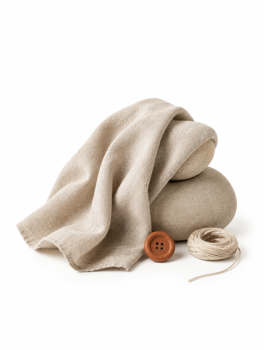 Sand linen draped over smooth stones with a terracotta button and cotton thread