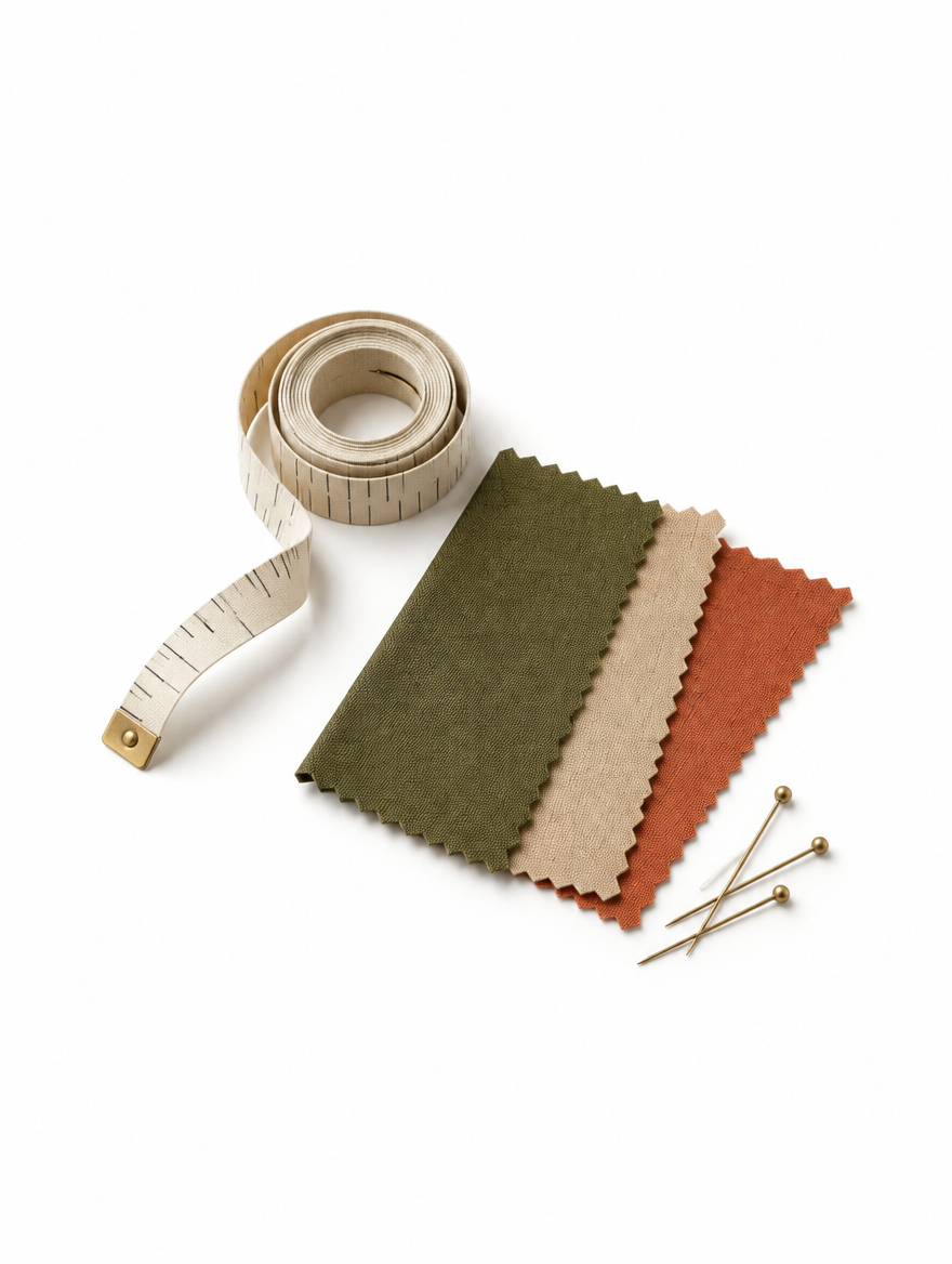 Tailor's measuring tape with olive, sand and terracotta fabric swatches and brass pins
